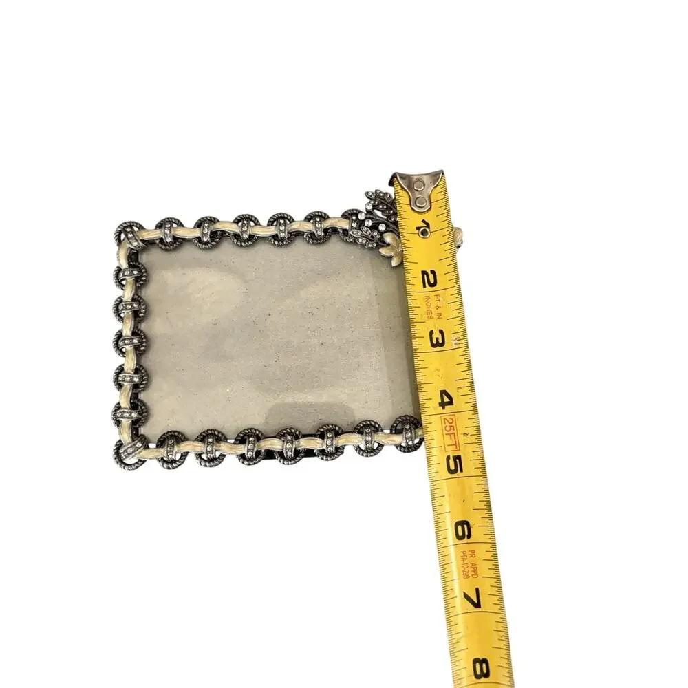 Vintage Rhinestone Floral Photo Frame Silver Tone Ivory Enamel 4x6 Cottage Chic